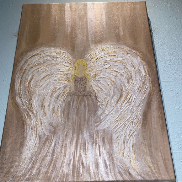 12x16 Hand painted mixed media Angel painting on canvas neutrals gold metallic - Picture 9 of 17